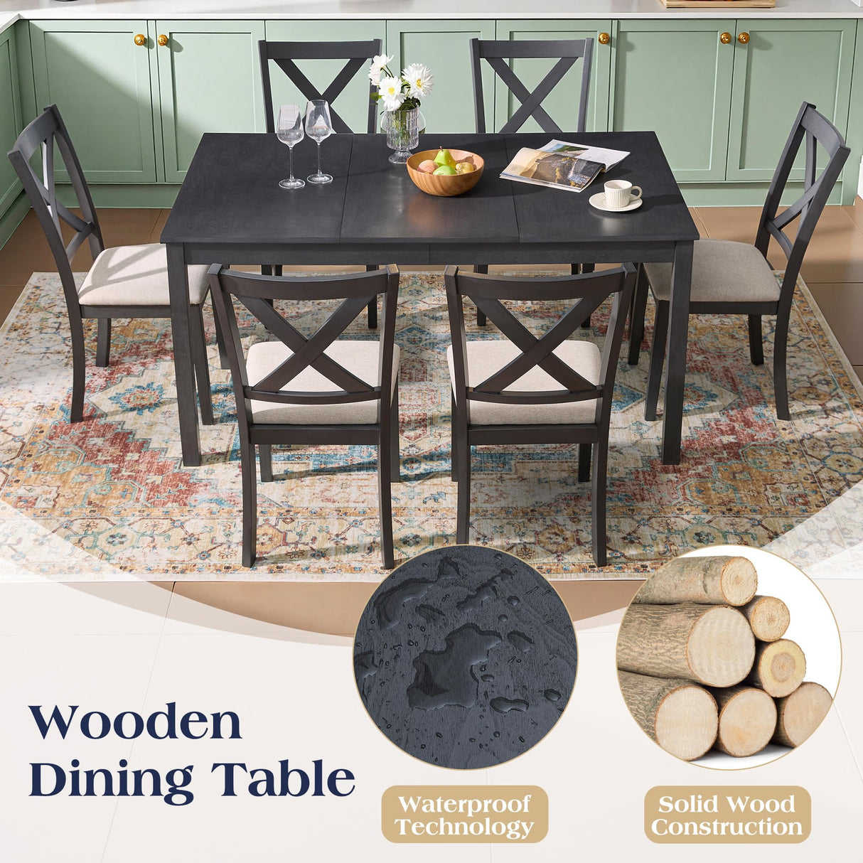 YUMPIE 7-Piece Farmhouse Dining Table Set for 6 People, 60" Wood Dining Kitchen Table & Chairs Set, Kitchen Table with 6 Upholstered Chairs, Perfect for Restaurant, Grey & White YUMPIE