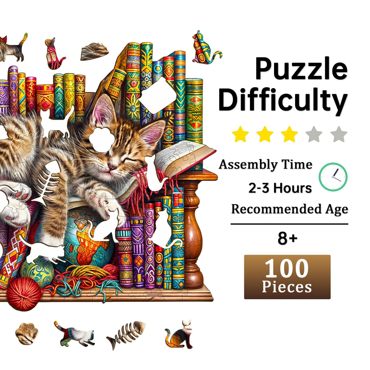 Jigfoxy Wooden Puzzles for Adults, Cat Wood Puzzles Adult, Unique Animal Shape Wooden Jigsaw Puzzles, Birthday Gifts for Puzzles Lovers Family Friend (S-8.5 * 6.9in-100pcs) Jigfoxy