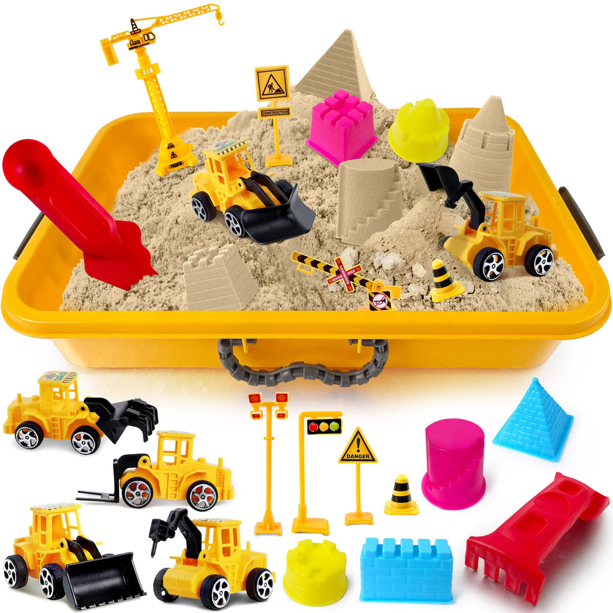 ESSENSON Construction Sensory Bin - Play Sand Kit with Toy Truck and 4lbs Magic Sand, Pretend Play Beach Sensory Toy Sandbox, Kids Gifts for Girls and Boys ESSENSON