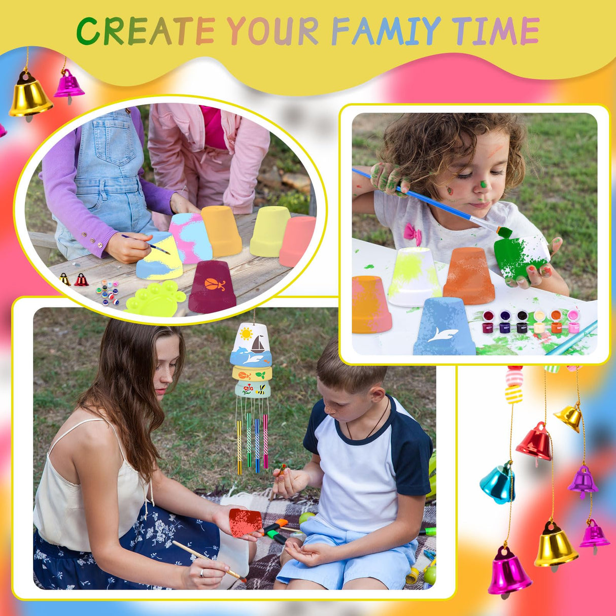 FULAIERGD 3 Pack Wind Chime Making Kit for Kids- Wind Chime Craft Painting Kit-Ceramic Pot, Bells, Stencils and Beads DIY Crafts Gifts for End of Year Student, Christmas, Birthday, Summer Decor FULAIERGD