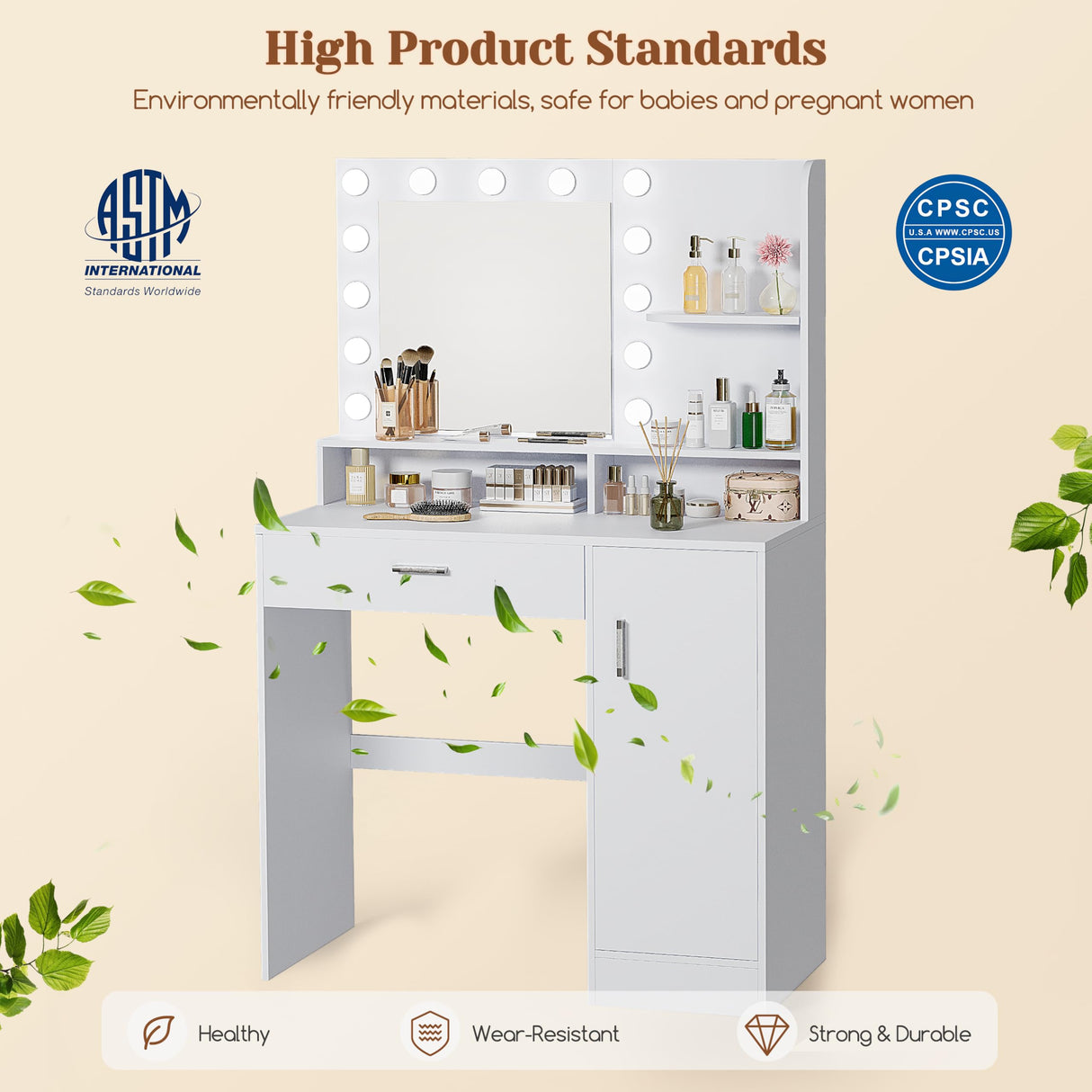 Vanity Desk with Mirror & Lights, White Makeup Desk with Drawers & Cabinet, 3 Lighting Modes & 10 Brightness, Vanity for Bedroom & Dressing Room Decofy