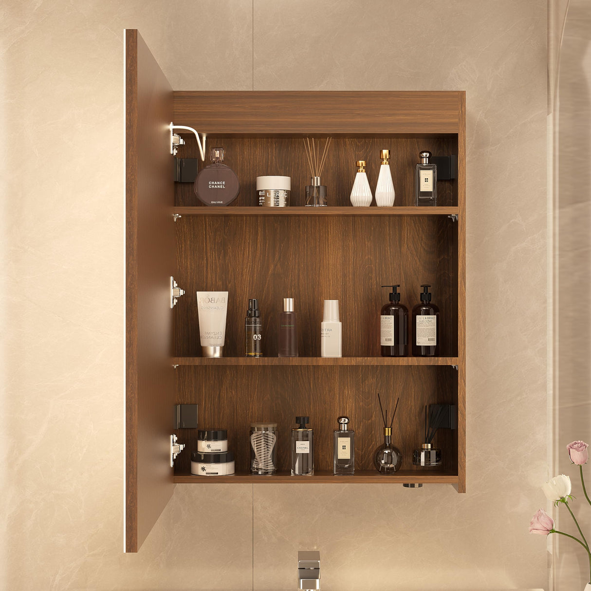 Réflexon 28x20 inch LED Lighted Medicine Cabinet with Mirror, Moisture-Resistant Wood, Stepless Dimmable, 3000K/5500K, Defogger, Adjustable Shelf, Flat-Pack Design – Assembly Required (Walnut) Réflexon