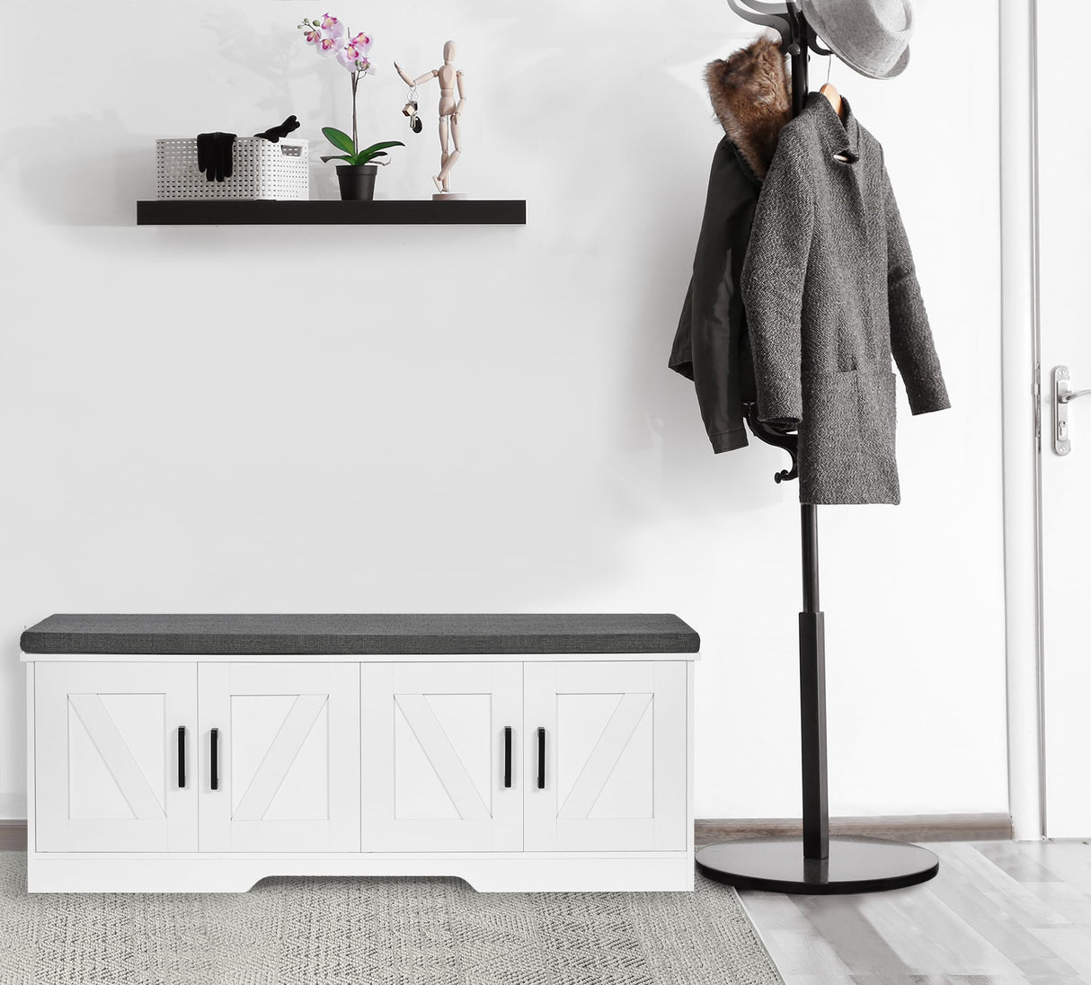 HOMSHO 2-Tier Storage Bench, Shoe Bench with Padded Seat Cushion, Entryway Bench with 4 Barn Doors, Adjustable Shelf, 13.8" D x 47.2" W x 17.7" H, for Entryway, Living Room, Bedroom, White HOMSHO