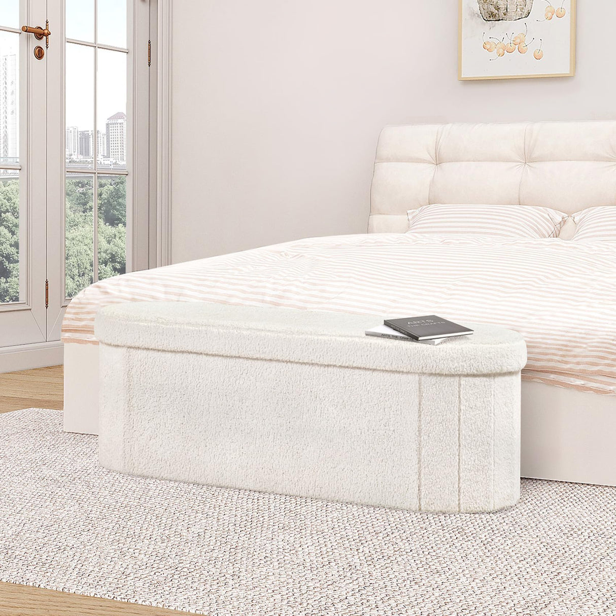 B FSOBEIIALEO Ottoman with Storage for Living Room, Sherpa Folding Storage Ottoman Foot Rest, 43.3 Inches Collapsible Bedroom Bench Cream White B FSOBEIIALEO