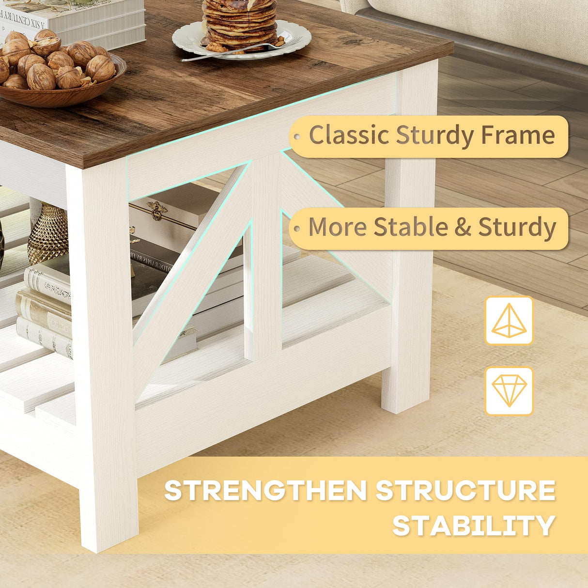 JUMMICO 39” Farmhouse Coffee Table for Living Room, 2-Tier Modern Living Room Table with Storage Shelf, Rustic Rectangular Center Table Space Saving Home Furniture (Rustic Oak & White) JUMMICO