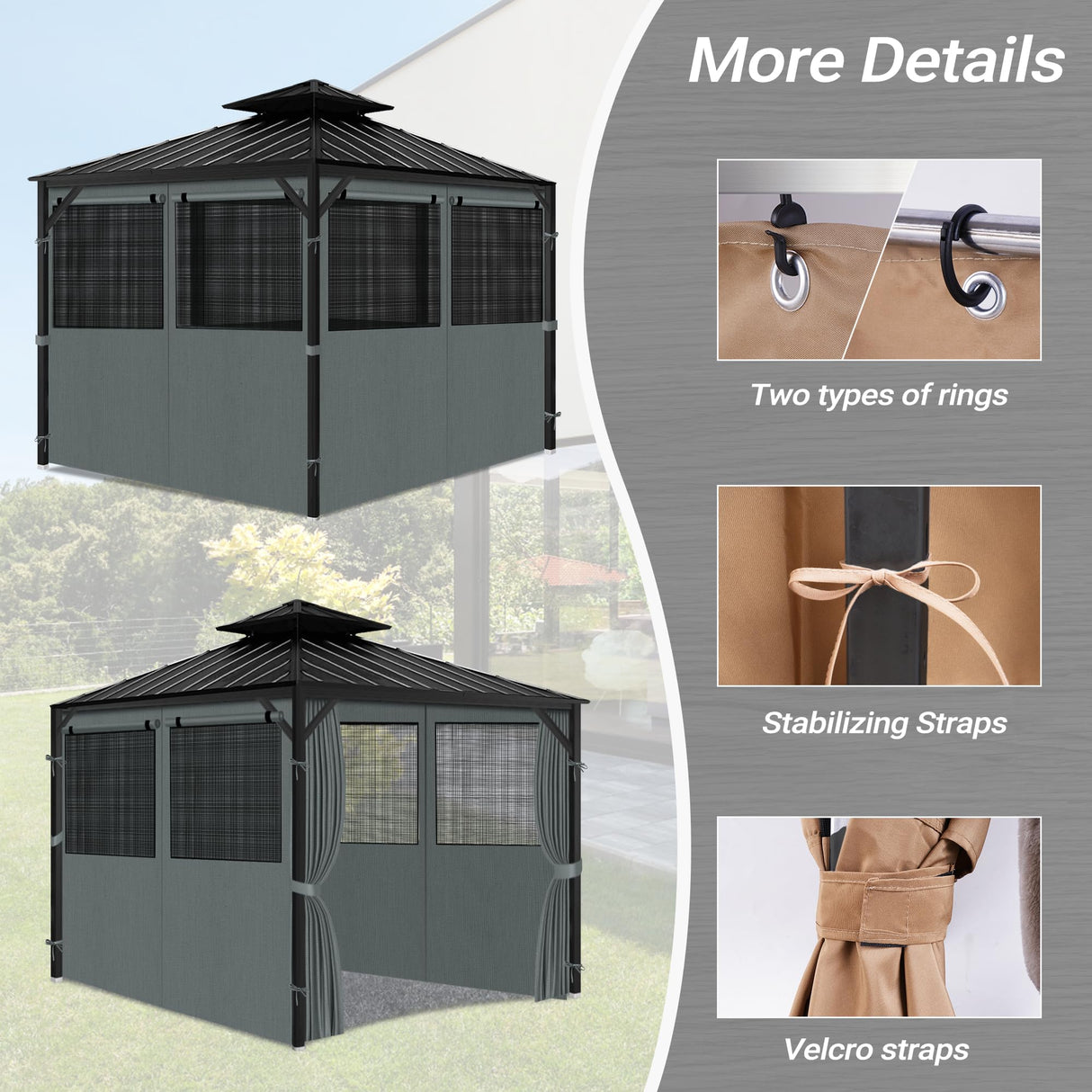 Gazebo Privacy Curtain 10'x10', Replacement Curtains with Mosquito Net Windows, 4-Panels Side Wall, Zippers, Waterproof Outdoor Curtains for Patio, Canopy, Garden and Backyard, Gray (Curtain Only) Bstge