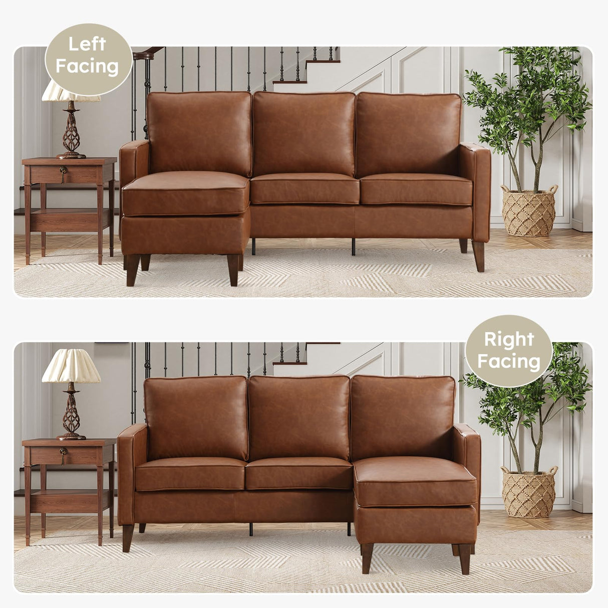 HAOMARKETS Faux Leather L Shaped Couch with Solid Wood Feet, 3-Seater Sofa with Reversible Chaise for Apartment, Sectional Couches for Living Room, Brown HAOMARKETS