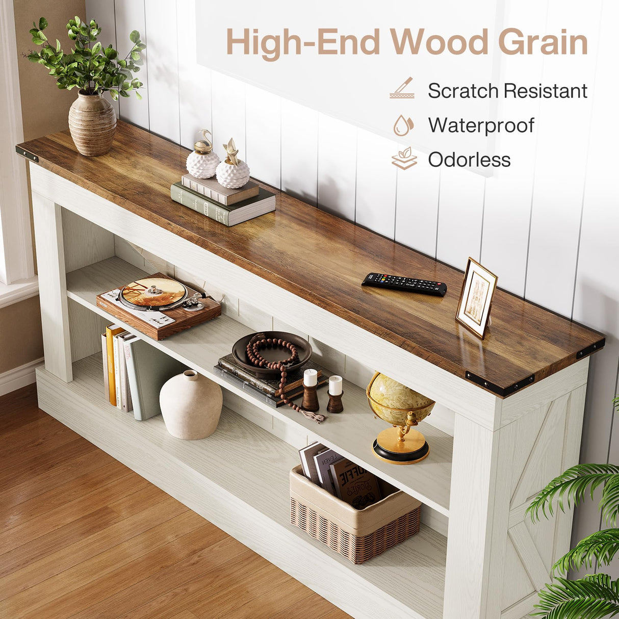 Tribesigns 63-Inch Long Console Table for Entryway, Narrow Long Entry Table with Shelves for Living Room, Farmhouse Sofa Console Behind Couch, for Foyer, Hallway, White and Brown Tribesigns