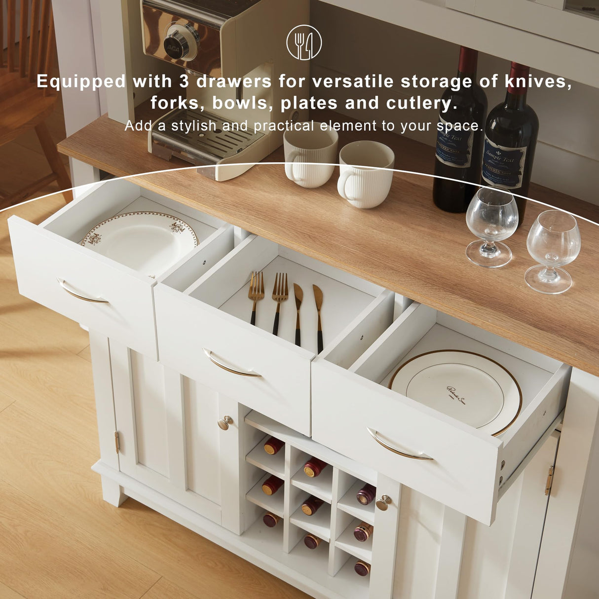 Brabrety Farmhouse 70'' Kitchen Pantry Storage Buffet Cabinet with LED Outlet,Tall Kitchen Hutch Cabinet with Wine Glass Racks and 3 Drawers,for Home Dining Room Living Room (White@Outlet) Brabrety