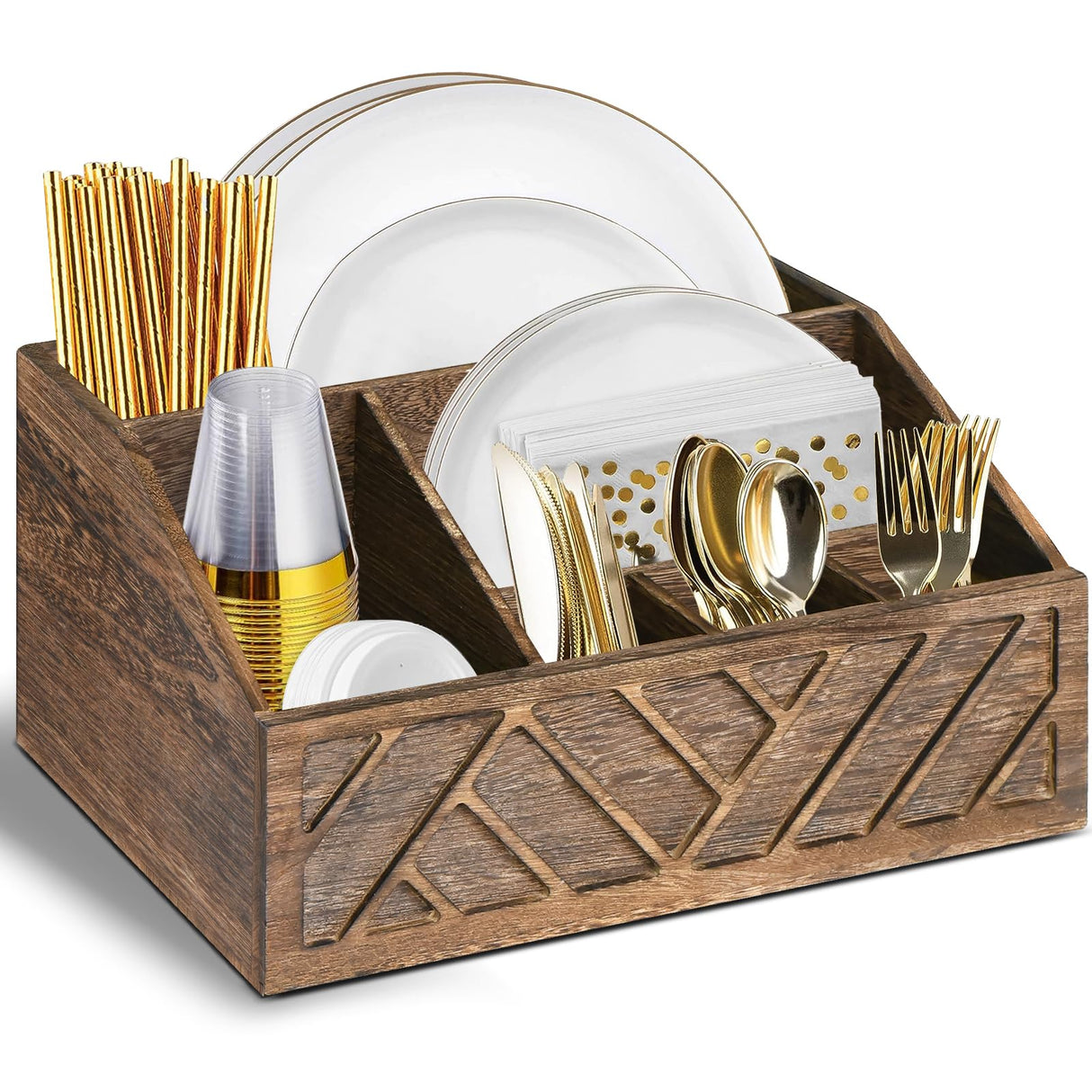 Paper Plate Dispenser, Paper Plate Holder for Kitchen Counter, Wood Rustic Silverware Utensil Caddy, Cutlery Flatware Organizer Box for Cups Spoons Forks Plates Napkins, Kitchen Accessories (Brown) Ukonvi