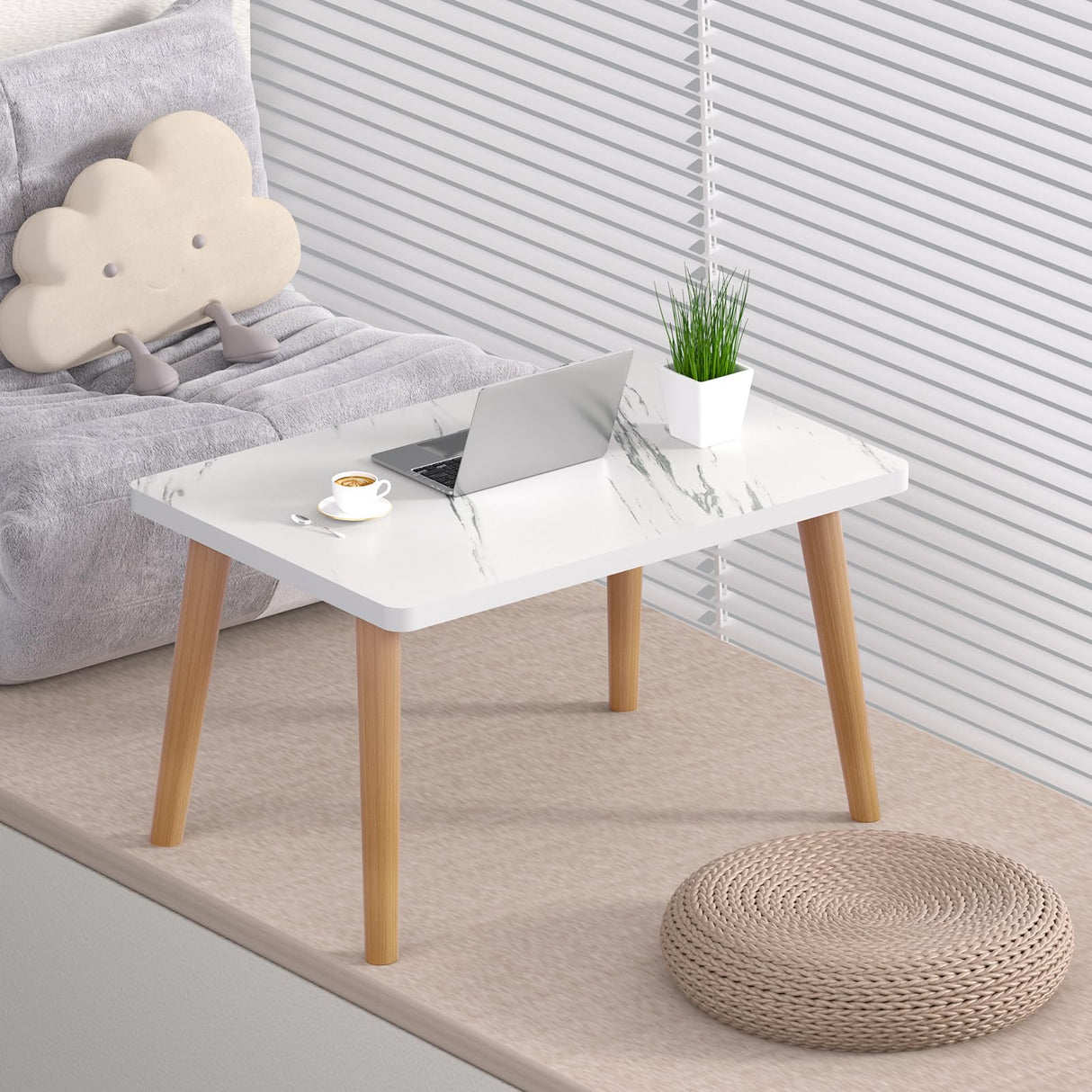 Small Coffee Table for Small Space, Low Table, Floor Table Desk for Sitting on The Floor, Storage Living Room Furniture, Tatami Tea Tables with Solid Wood Legs, Home Office, Farmhouse, Rectangle White FAMIDGE