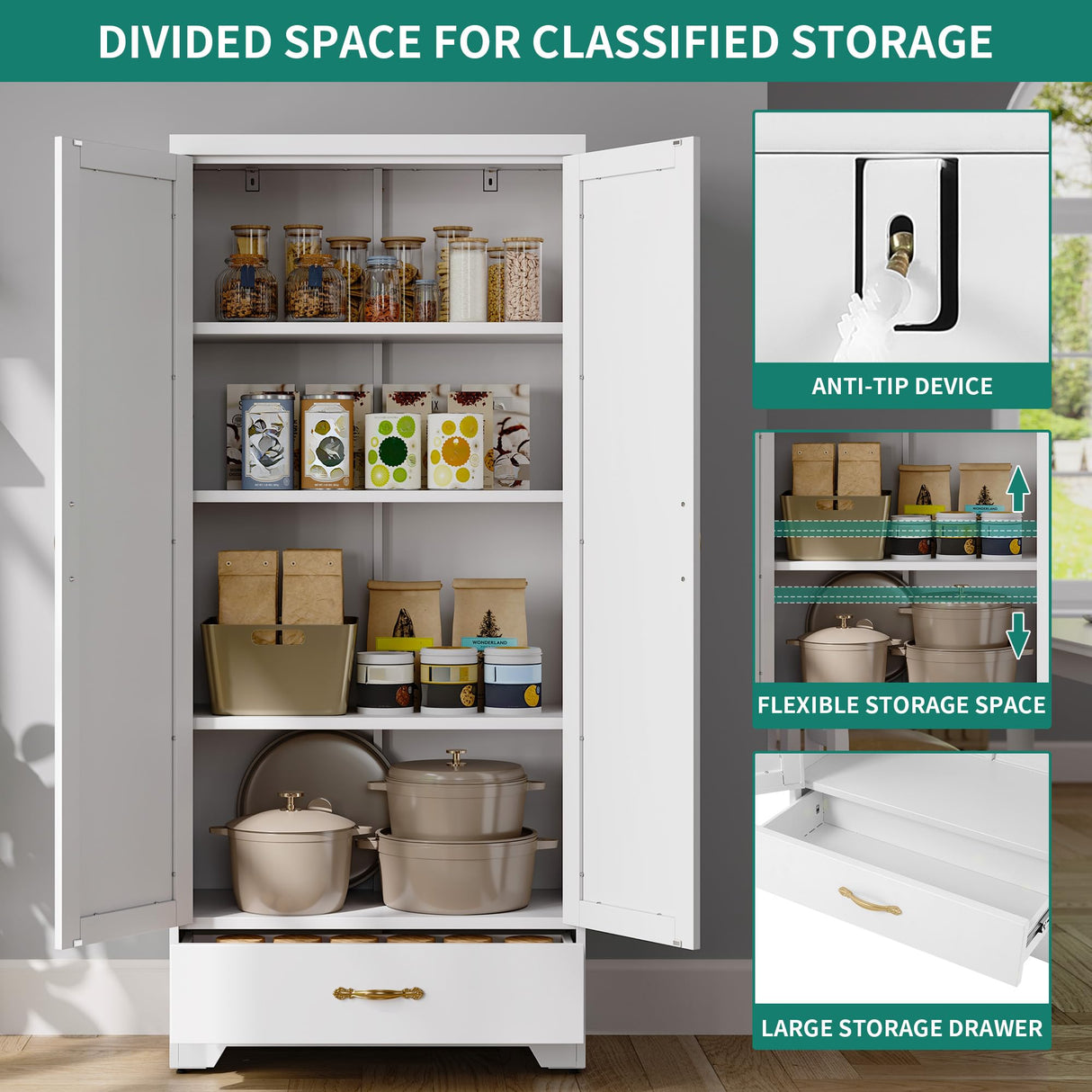 YITAHOME 62" Kitchen Pantry Cabinet, Metal Storage Cabinets with Adjustable Shelves, Farmhouse Pantry Organizer with Door and Drawer for Dining Living Room, White YITAHOME