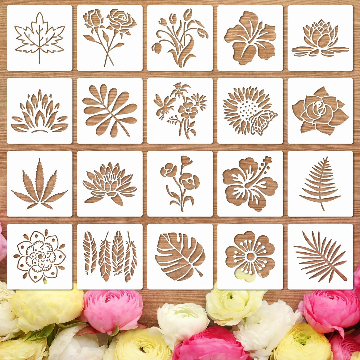20 PCS Flower Stencils for Wood (3 Inch) - Reusable DIY Art Sunflower Stencils for Painting, Wall, Floor & Rock Decor, Perfect for Dot Painting, Craft Projects & Home Decoration Notoke