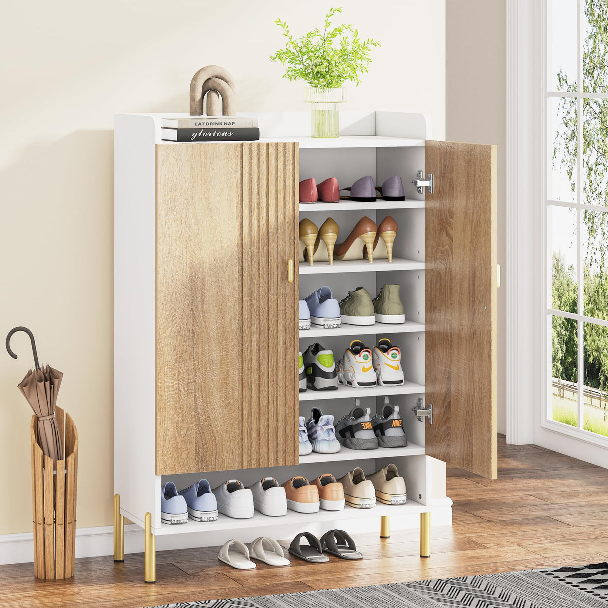 Tribesigns Shoe Cabinet Storage Entryway: 6-Tier Shoe Organizer Cabinet with Adjustable Shelves, Freestanding Wood Shoe Rack with Doors for Entryway, Hallway, Living Room, White & Wood Tribesigns