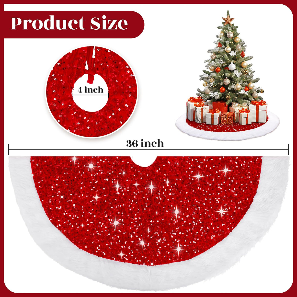 EverMerry Christmas Tree Skirt, Christmas Skirt Tree for 6ft Tree, 36 inches Thick Red Velvet with Sequin and White Plush Tree Skirts for Christmas Tree and Holiday Party Decorations EverMerry