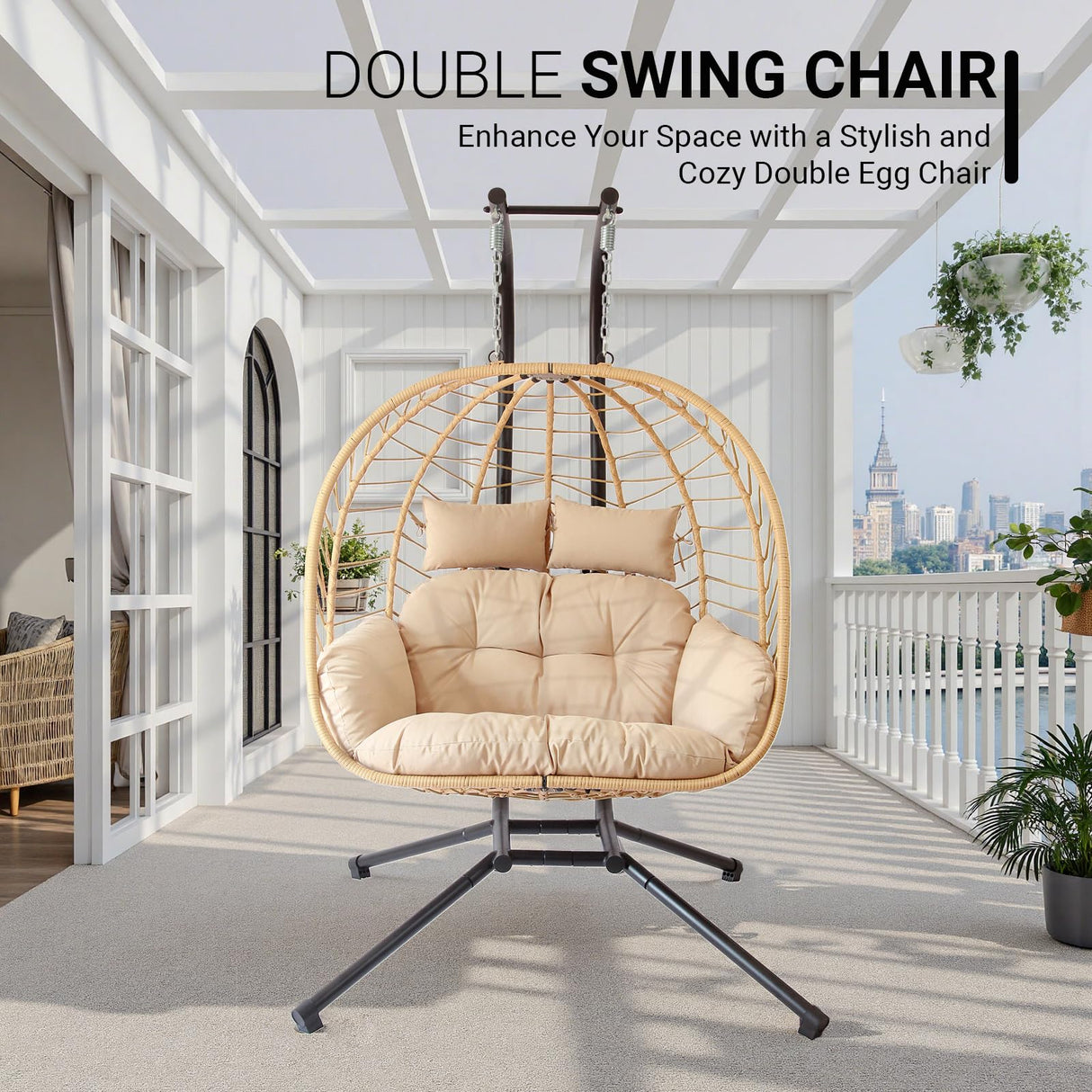 Double Egg Chair with Stand, Patio Wicker Hanging Swing Egg Chair Thickened, Galvanized Pipe Steel Frame and UV Resistant Cushion for Bedroom Garden Indoor Outdoor, 440LBS Capacity (Natural Beige) JOINFUN