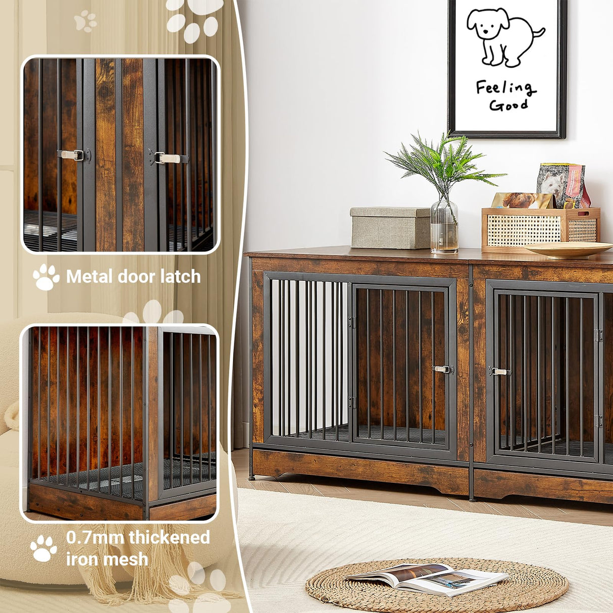 Rovibek 75'' Double Dog Crate Furniture for 2 Large Dogs, Heavy Duty Dog Crate, Furniture Style Dog Crate End Table, Wood Crates for Dogs Kennel Indoor, Decorative Dog Crate with Double Door, Brown Rovibek