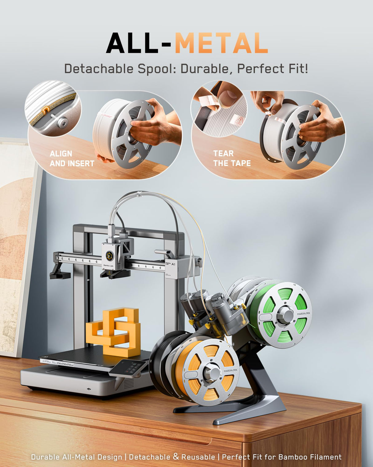 MarsWork 3D Printer Filament Reusable Aluminum Spool, Compatible with 1kg, 1.75mm PLA/TPU/ABS/PETG Filament, Compatible with Bambu Lab Filament Refill – Sustainable Printing Solution(Without filament) MarsWork