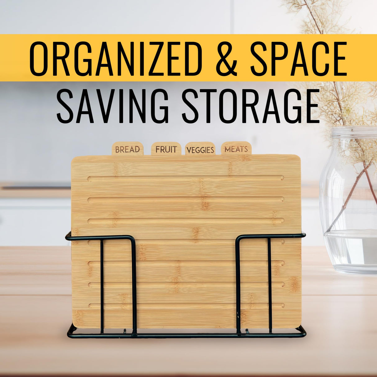 Modernlyst Bamboo Cutting Boards for Kitchen with Holder 13" x 11" x 2.5" | Labeled Wood Cutting Board Sets | Large Wooden Cutting Board Set of 4 with Black Organized Stand | Non Toxic Chopping Board Modernlyst