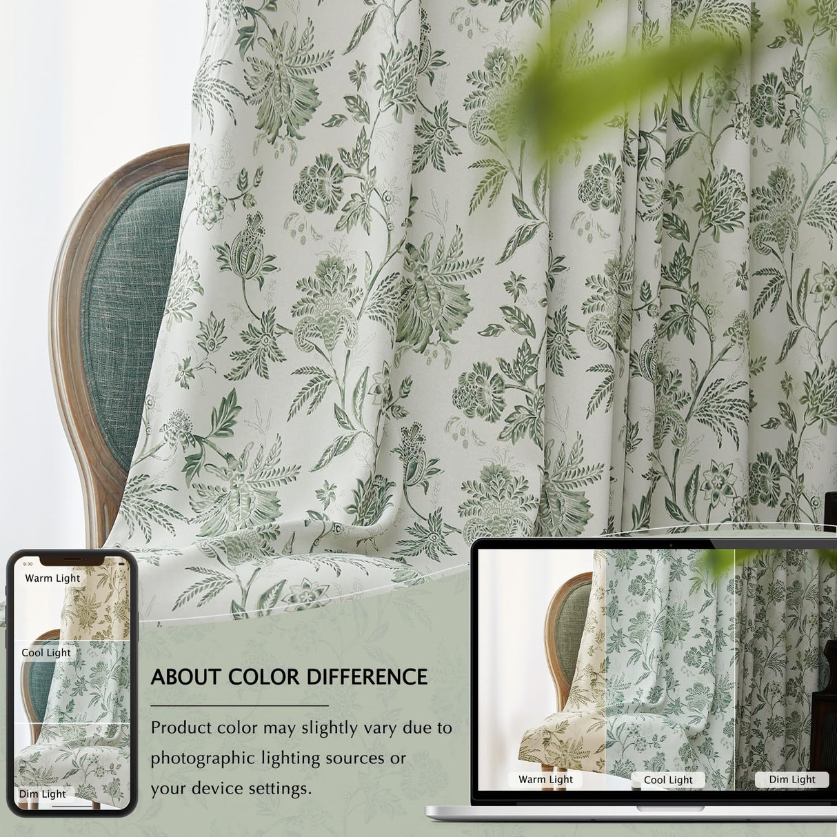 jinchan 100% Blackout Floral Curtains for Bedroom, 108 Inches Long Printed Flower Black Out Curtains, Extra Long Back Tab Sage Green Window Treatment Farmhouse Drapes Set 2 Panels Green jinchan