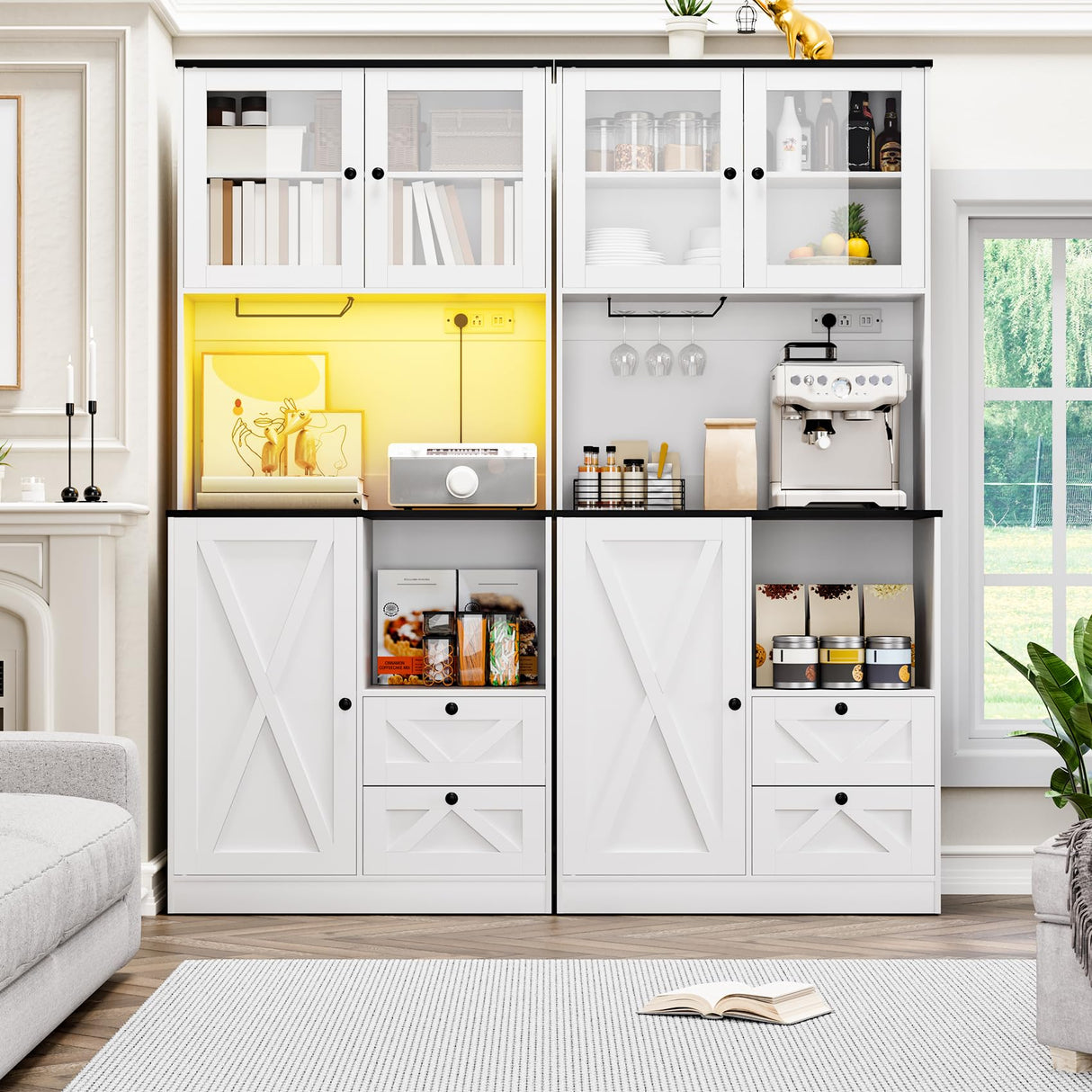 Frmobepts 71‘’Kitchen Pantry Storage Cabinet with LED Lights and Power Outlet, Tall Farmhouse Kitchen Hutch with Microwave Stand,Globet Hooks and Adjustable Shelf for Dining Living Room,White Frmobepts