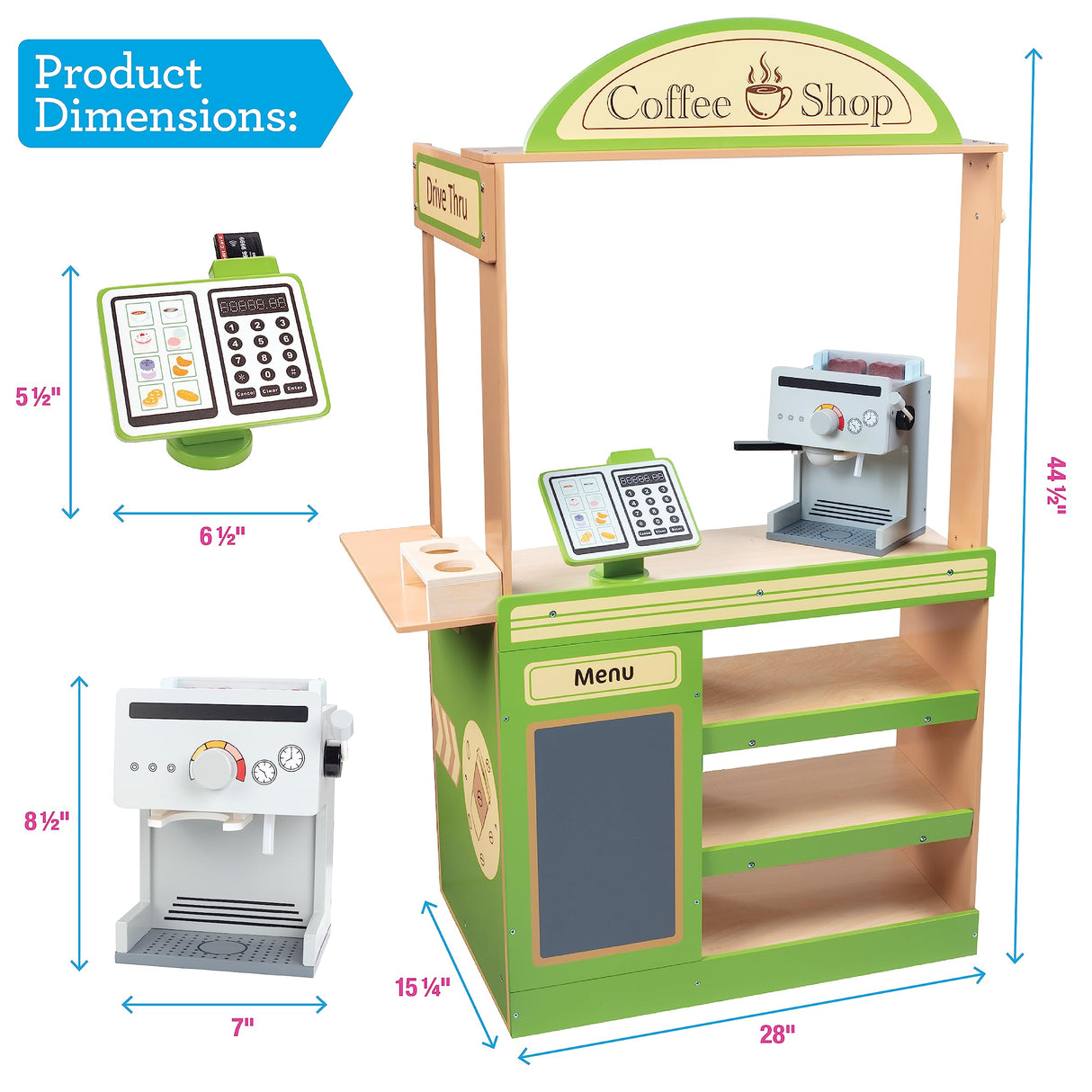 Pretend Coffee Shop Wooden Playset - Drive Thru Window Fun - Includes Frappuccino w Straws, Espresso Maker, Bread, Pastries, Rotating Cash Register, Coffee Cups, Apron- Over 25 Super Cute Play Pieces! Svan