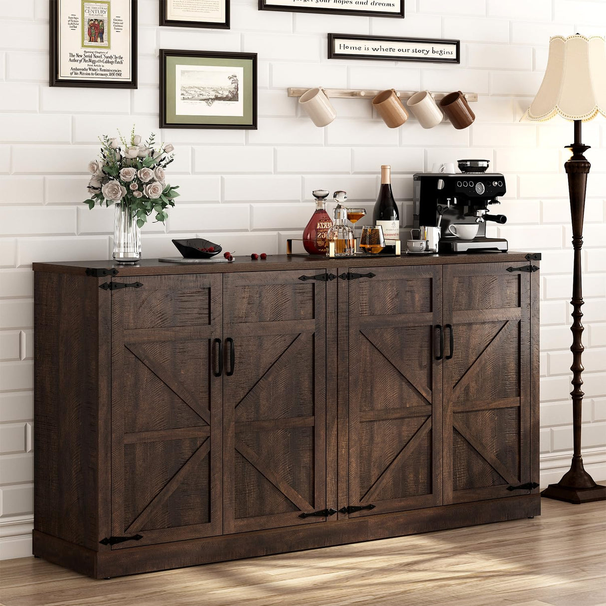 Sideboard Buffet Cabinet with Storage - 65 Inch Farmhouse Kitchen Pantries Sideboard Cabinet with Adjustable Shelves, Wooden Coffee Bar Cabinet Buffet Table for Kitchen, Dining Room, Brown chartustriable