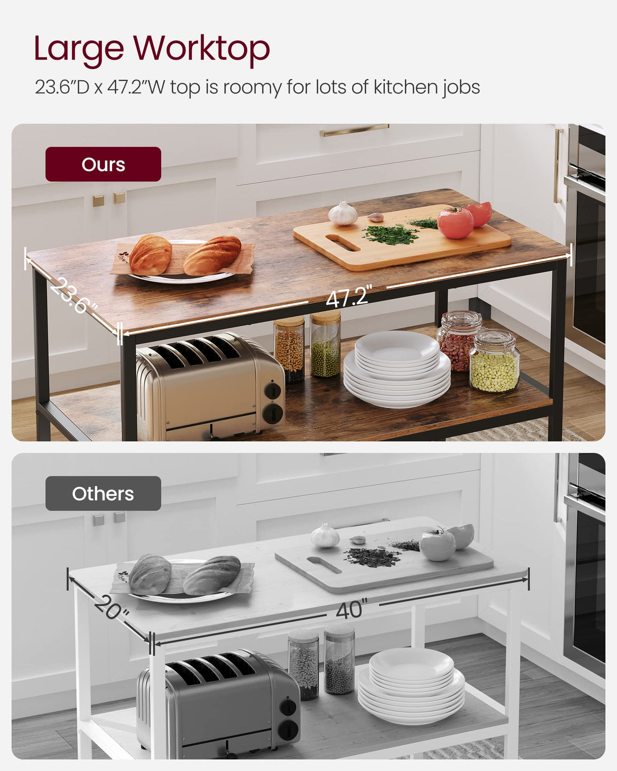 VASAGLE Industrial Kitchen Island with 3 Shelves and Large Worktop in Rustic Brown and Black VASAGLE