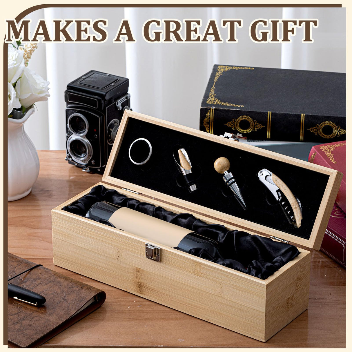 Teenyyou Wooden Wine Gift Boxes, Wine Box with 4 Wine Accessories Set, Retro Wood Single Wine Bottle Holder, Christmas Day Wine Gifts, Wine Storage Case Gift for Wine Lover Birthdays Housewarmings Teenyyou