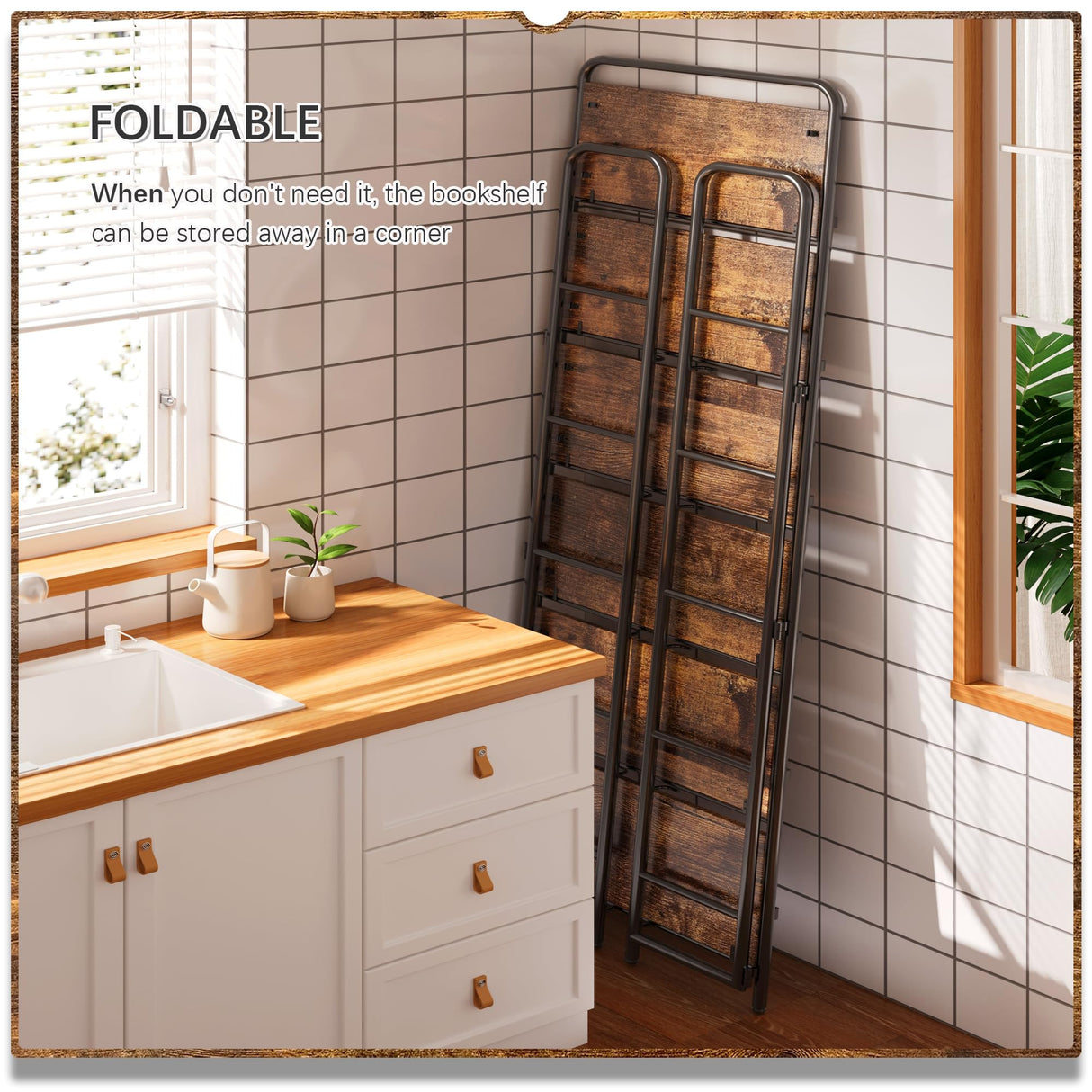 4NM No Assembly Folding Bookshelf, 6 Tier Vintage Industrial Book Shelf,Metal Foldable Storage Bookcase and Bookshelves for Living Room,Bedroom and Kitchen - Rustic Brown 4NM