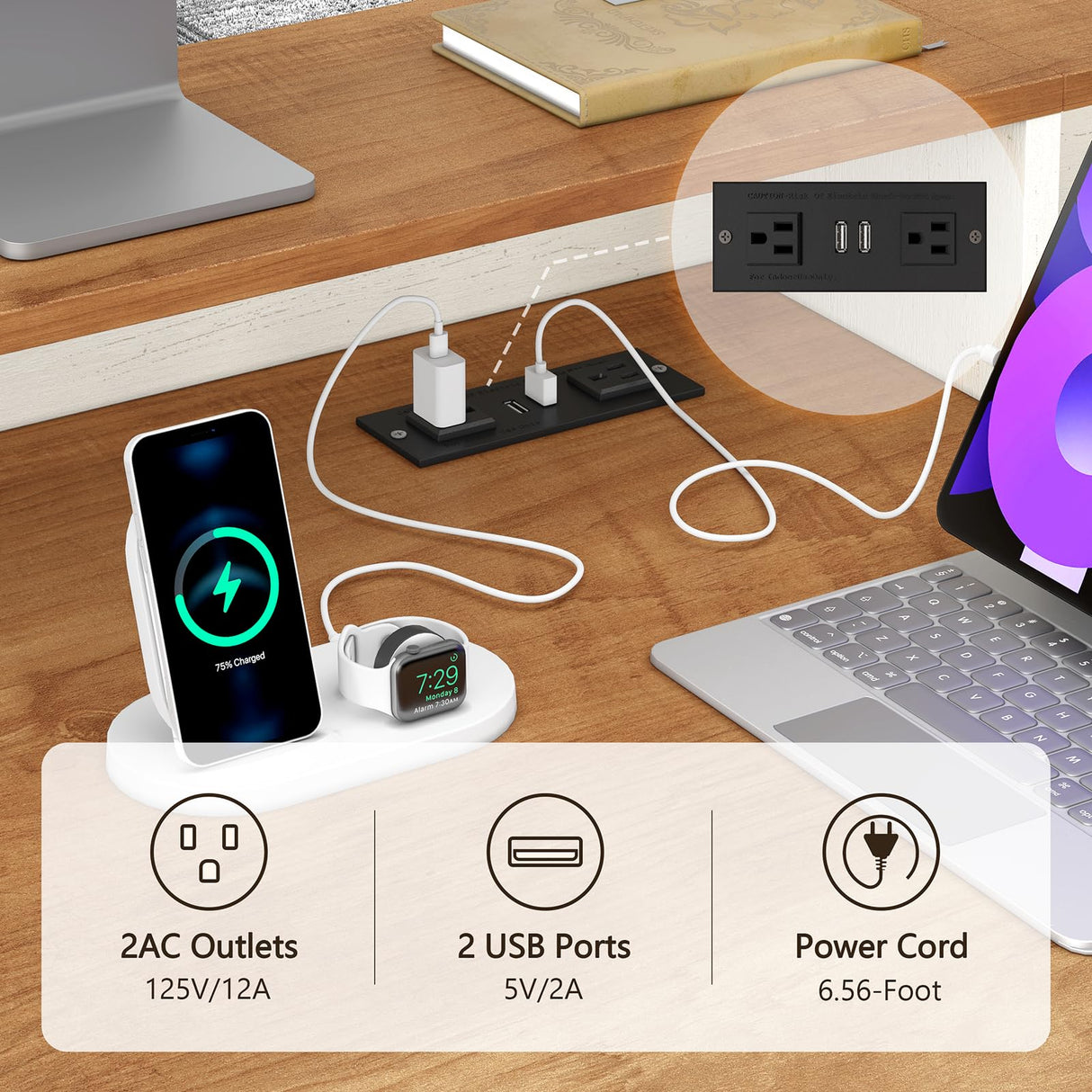 TVU Farmhouse Computer Desk with Drawers, 65'' Home Office Desk with Power Outlets, Storage Cabinet and Printer Stand, Study Writing Desks with Long Monitor Stand, White TVU