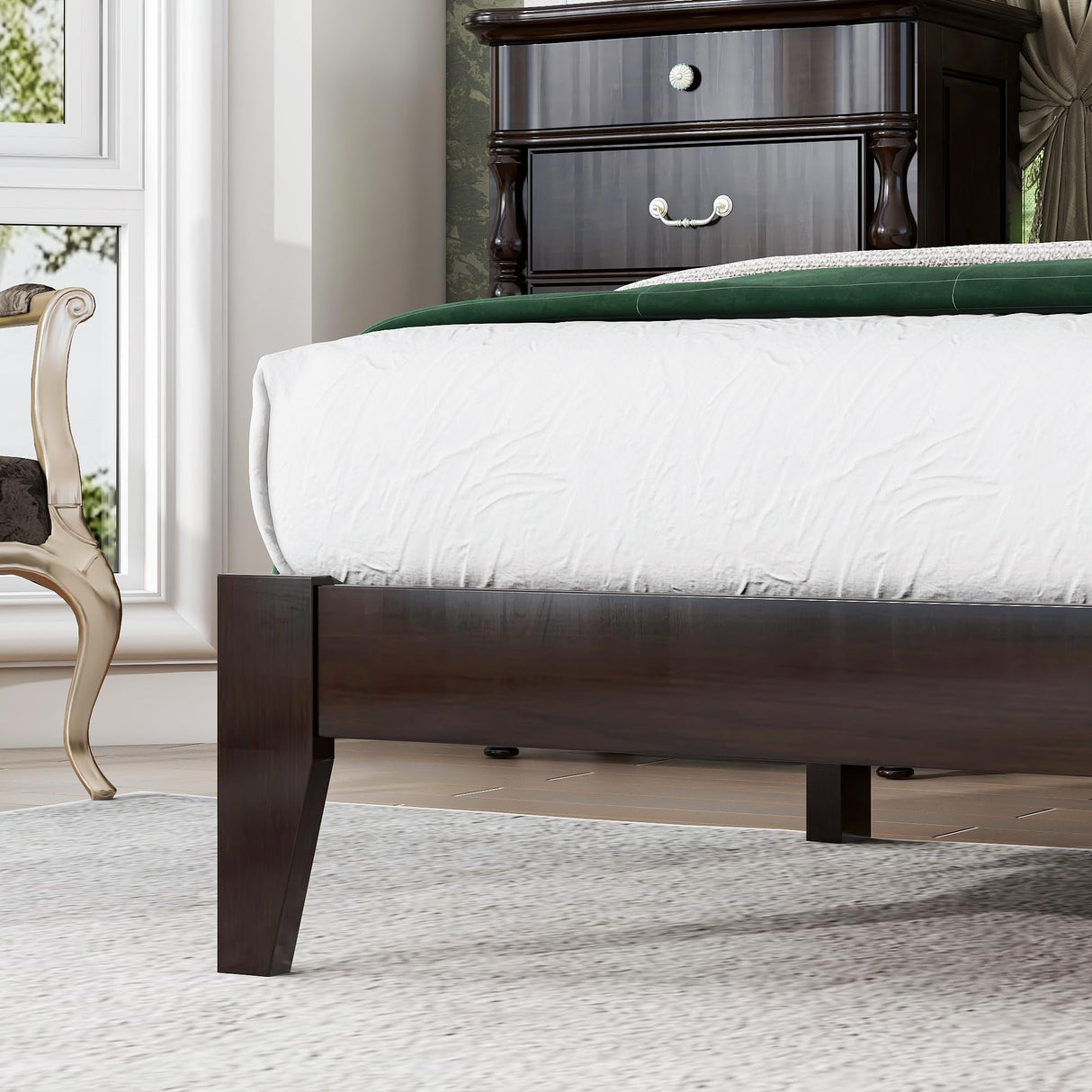 Luxepurilyn Rubber Wood Queen Size Bed Frame, Rattan Bed Frame Queen with Rattan Headboard, Enhanced Support Slats- Rubber Wood, Espresso, No Box Spring Needed Luxepurilyn