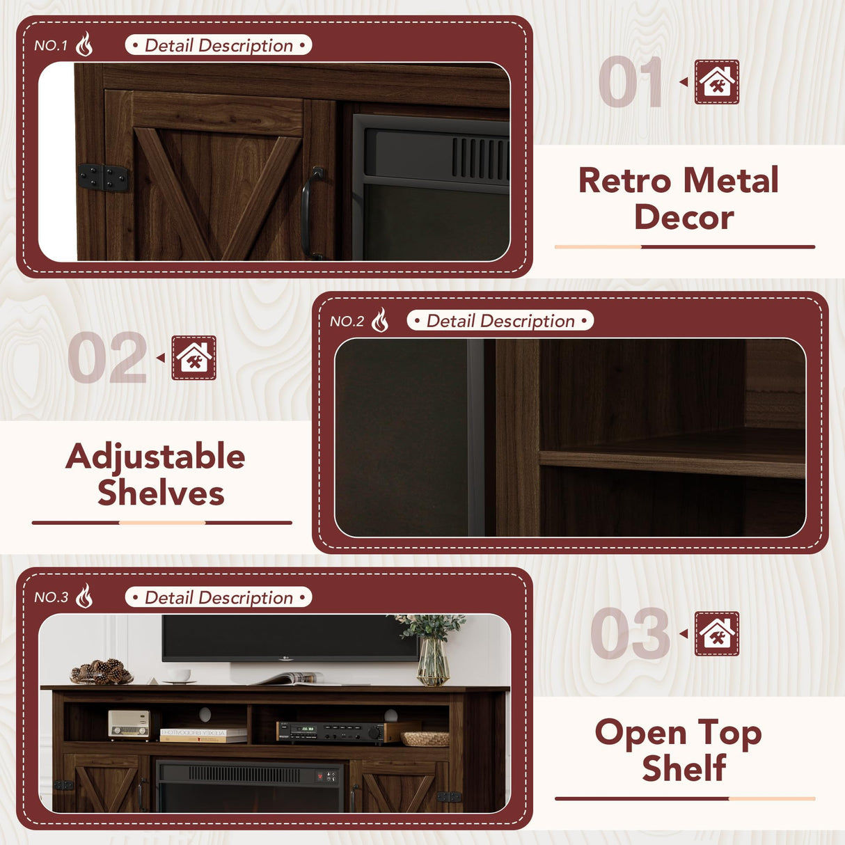 JUMMICO Fireplace TV Stand for TVs Up to 65+ Inch Entertainment Center with Open Storage Shelves and Side Cabinets, Media Console Table with Barn Doors for Living Room (Walnut) JUMMICO