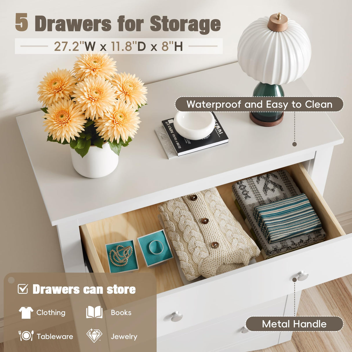 Furmax Tall Dresser for Bedroom, 5 Drawer Dresser, Chest of Drawers, Organizer Drawers, for Hallway Entryway (White) Furmax