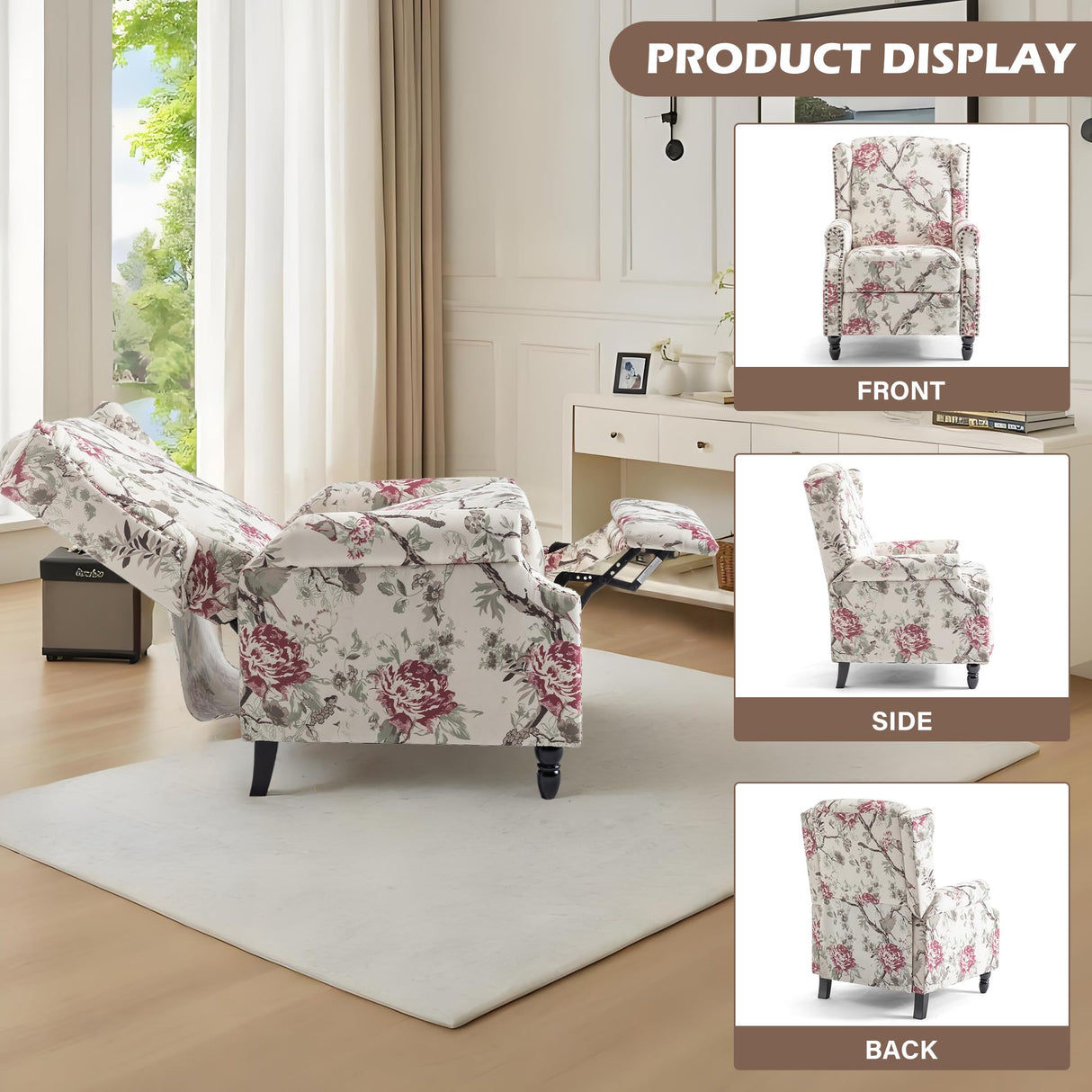 UIXE Pushback Recliner Chair, Fabric Upholstered Armchair Push Back Accent Chair for Living Room, Rivet Trim Home Theater Single Sofa Bedroom Reading Seat with Footrest - Beige Plants UIXE