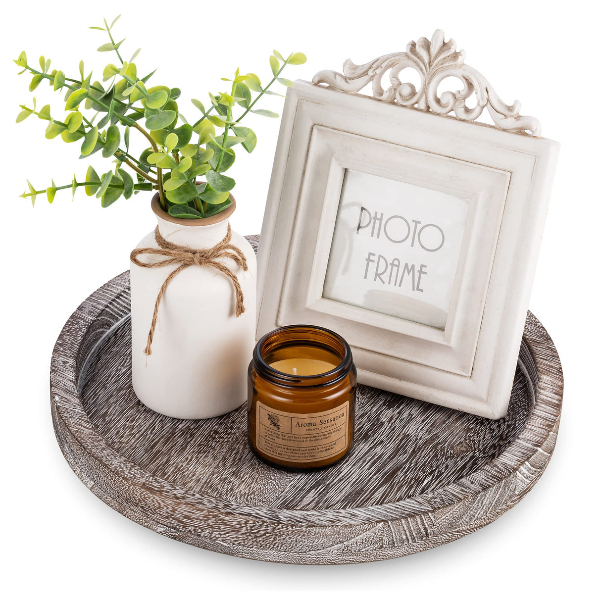 Hanobe Round Wood Candle Tray: Rustic Wooden Candle Holder Whitewash Pillar Stand Farmhouse Tea Light Plate Base for Living Room Coffee Table Centerpiece for Kitchen Counter Bathroom Home Decor,11.8" Hanobe