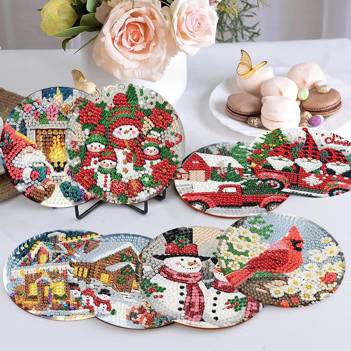 8 Pieces Christmas Diamond Art Coasters Kit, Christmas Diamond Painting Coasters, Diamonds Art Painting Kits, 5D DIY Full Drill Diamonds Arts Kits for Adults Gift & Home Decor croshom