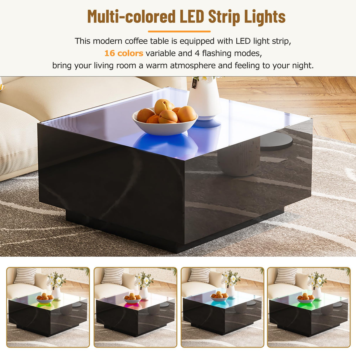 LUMISOL 27.5” High Glossy Coffee Table, Square Coffee Table with LED Strip Lights, Modern Center Table with Frosted Tempered Glass Top, LED Coffee Table for Living Room, Black LUMISOL