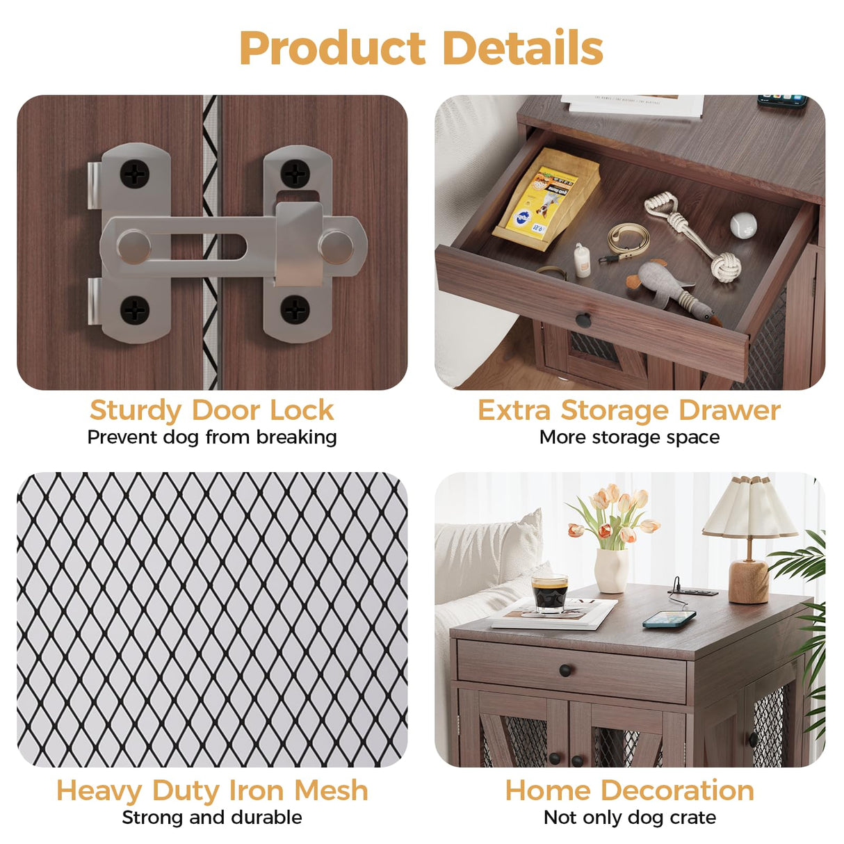 VOWNER Dog Crate Furniture, Wooden Dog Kennel End Table with USB Charging Station, Storage Drawer, Double Latched Door, Furniture-Style Crate Side Table for Medium Dogs Under 40 lbs Indoor, Oak Brown VOWNER