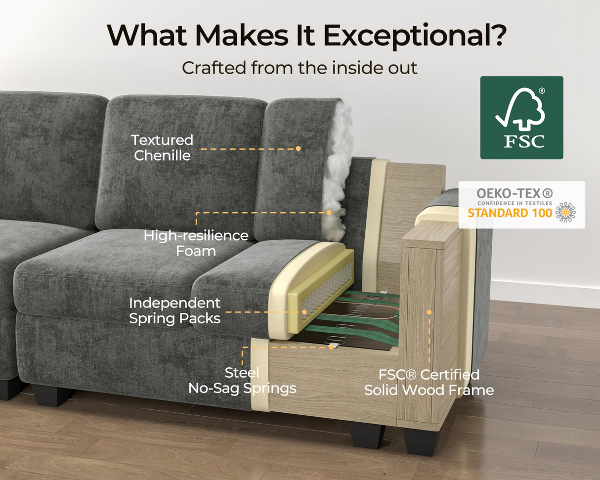 Bedeep Oversized Modular Home Theater Sofa Bed Cloud Couch Sectional, Plush Sleeper Sofa with Versatile Console, Convertible Side Table Charging Storage Cup Holder, Hardware Connected, Chenille, Grey Bedeep