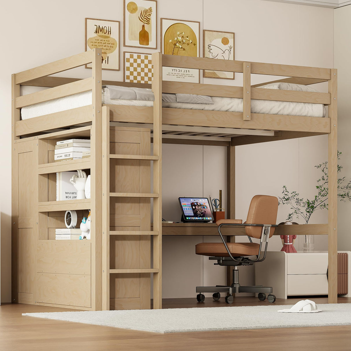Harper & Bright Designs Full Size Loft Bed with Desk, Storage Shelves and Drawers, Solid Wood Loft Bed Frame with Built-in Wardrobe, Walnut Harper & Bright Designs