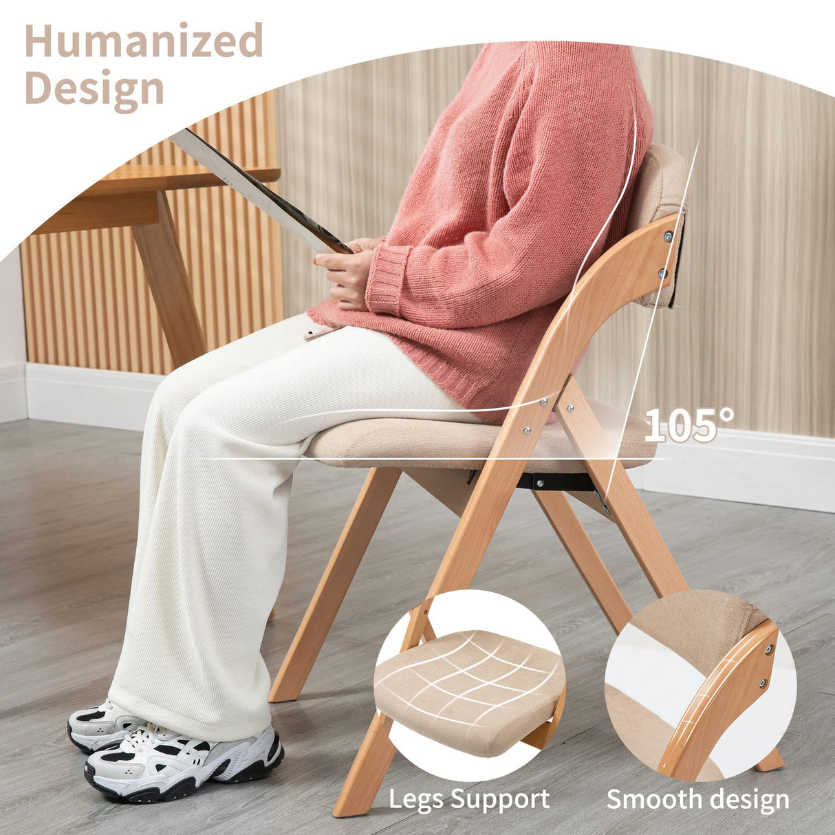 HOMEFUN Folding Chairs with Padded Seats, Wooden Stackable Dining Chairs Set of 2 with Removable Cover Folding Extra Chair for Guests Kitchen Office Wedding Party Picnic, Khaki HOMEFUN