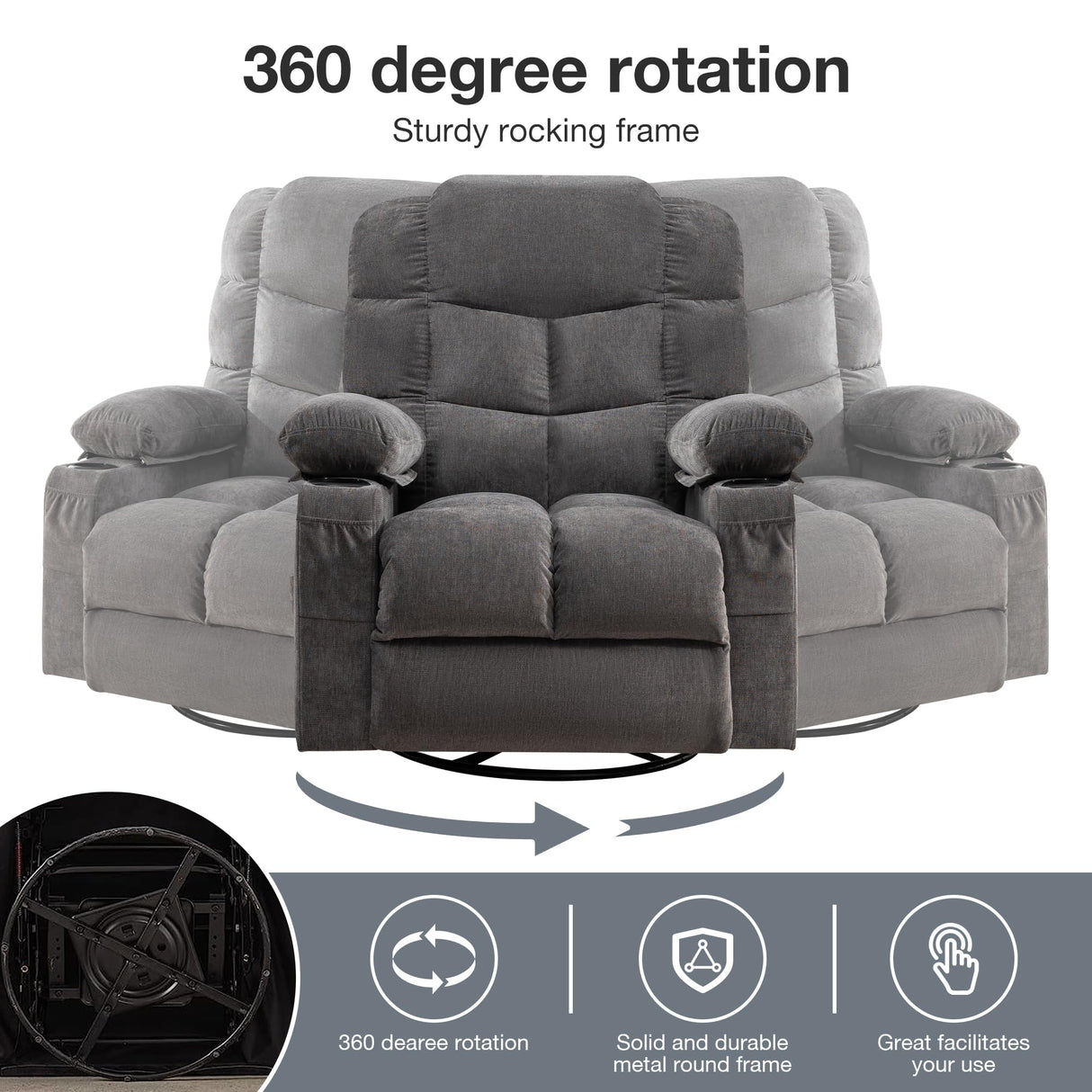 Oversized Massage Swivel Recliner Chair with Lumbar Heating for Living Room Rocker Recliner Single Sofa with Cup Holders and USB Charge Port, Large Big Chair Recliners for Adult MAHOMICO