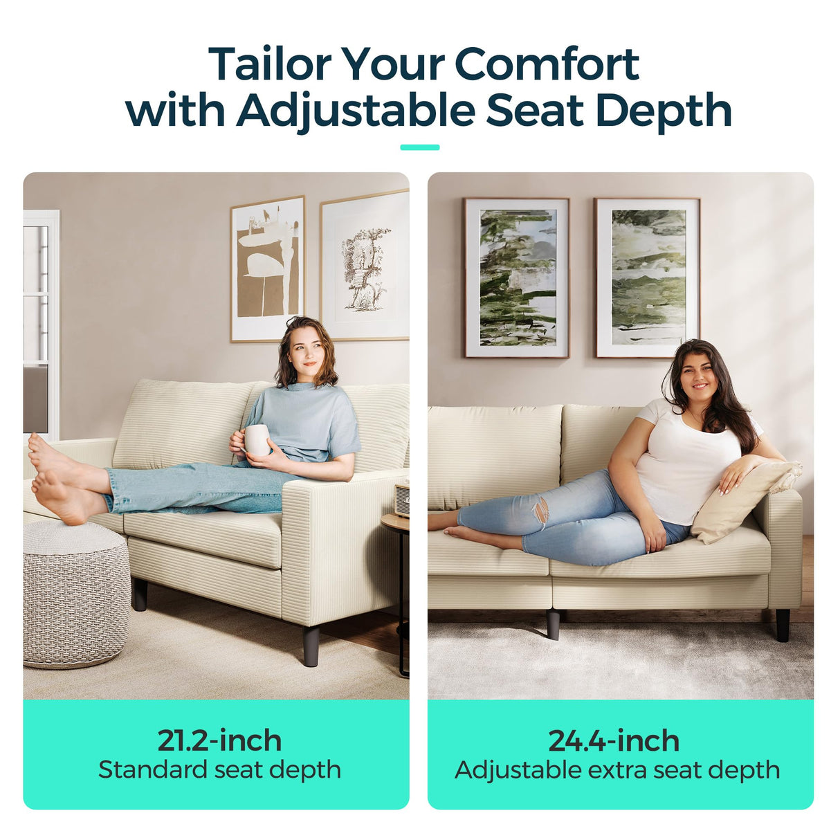 LINSY 79'' Beige Loveseat Sofa - Comfy Couch Corduroy Love Seat Couch with Adjustable Seat Depth Ergonomic Design Modern 2-Seater Soft Sofa for Living Room Bedroom Apartment Office, Beige LINSY