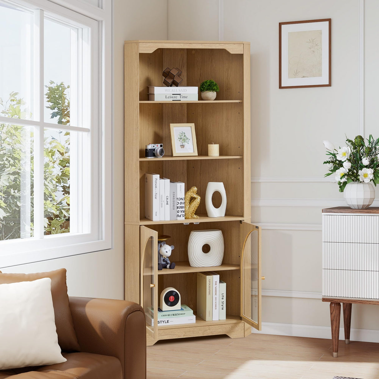 SUJOUCRAFT 70" H Tall Coner Storage Cabinet, Farmhouse Narrow Wood Coner Cabinet with Door & Adjustable Shelves, Home Pantry Hutch for Kitchen, Dining Living Room, Bathroom, Antique Dispaly (Natural) SUJOUCRAFT