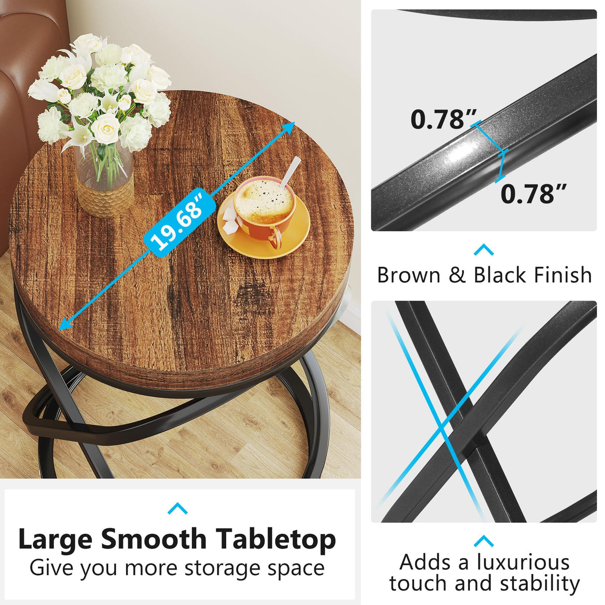 Tribesigns Round End Table, 26 Inches Nightstands Sofa Side Table with Double X-Shaped Ring Unique Design for Livingroom Bedroom (1, Brown) Tribesigns