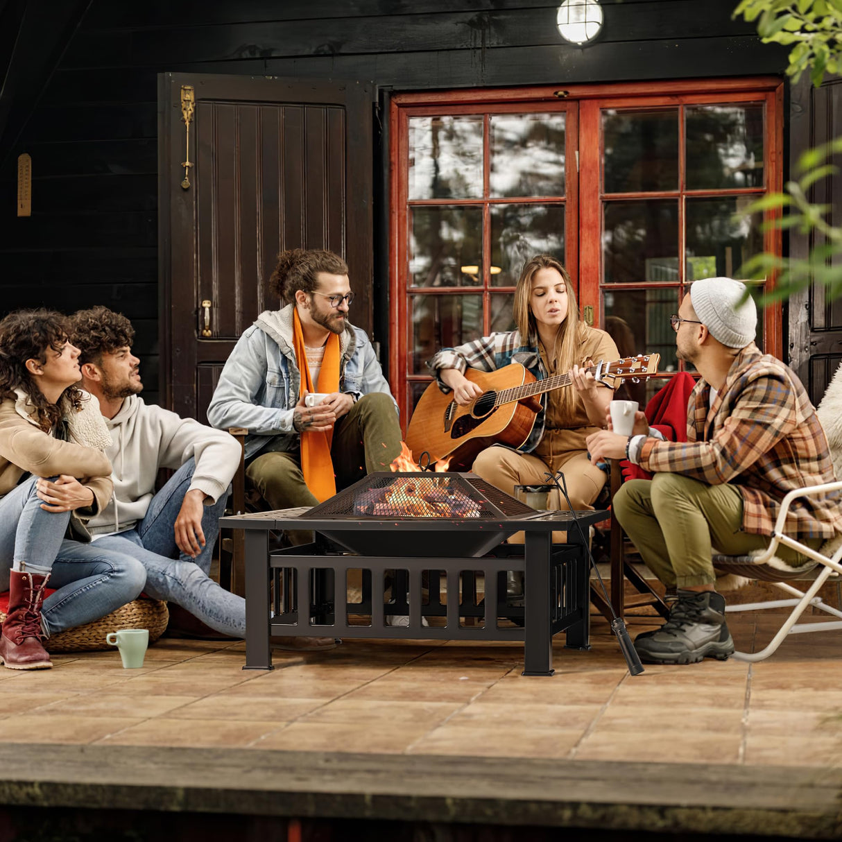 Devoko 32 inch Metal Outdoor Fire Pit Table Multiuse Square Patio BBQ Firepit with Spark Screen Lid and Waterproof Cover for Camping, Outside Wood Burning and Picnic Black Devoko