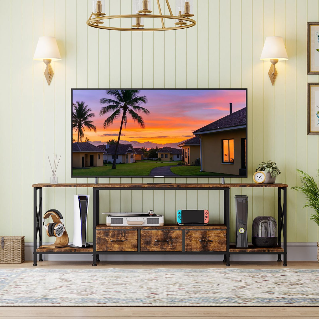 YGEOMER TV Stand Entertainment Center for 65 Inch TV with Power Outlets TV Console Table with Metal Frame Storage Shelves and Fabric Drawers for Living Room, Bedroom 63" Rustic Brown YGEOMER