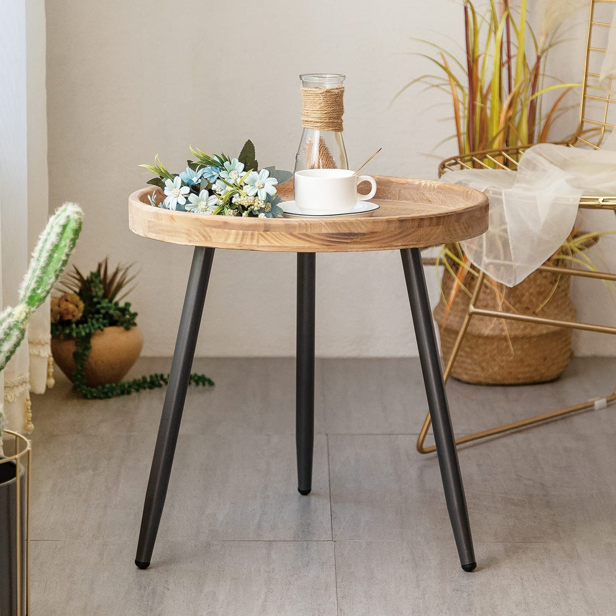 LITA Log Desktop Round Side End Table, Indoor Outdoor Wooden Tray Nightstand Table with Metal Stand for Living Room Bedroom Office Small Spaces (M) LITA
