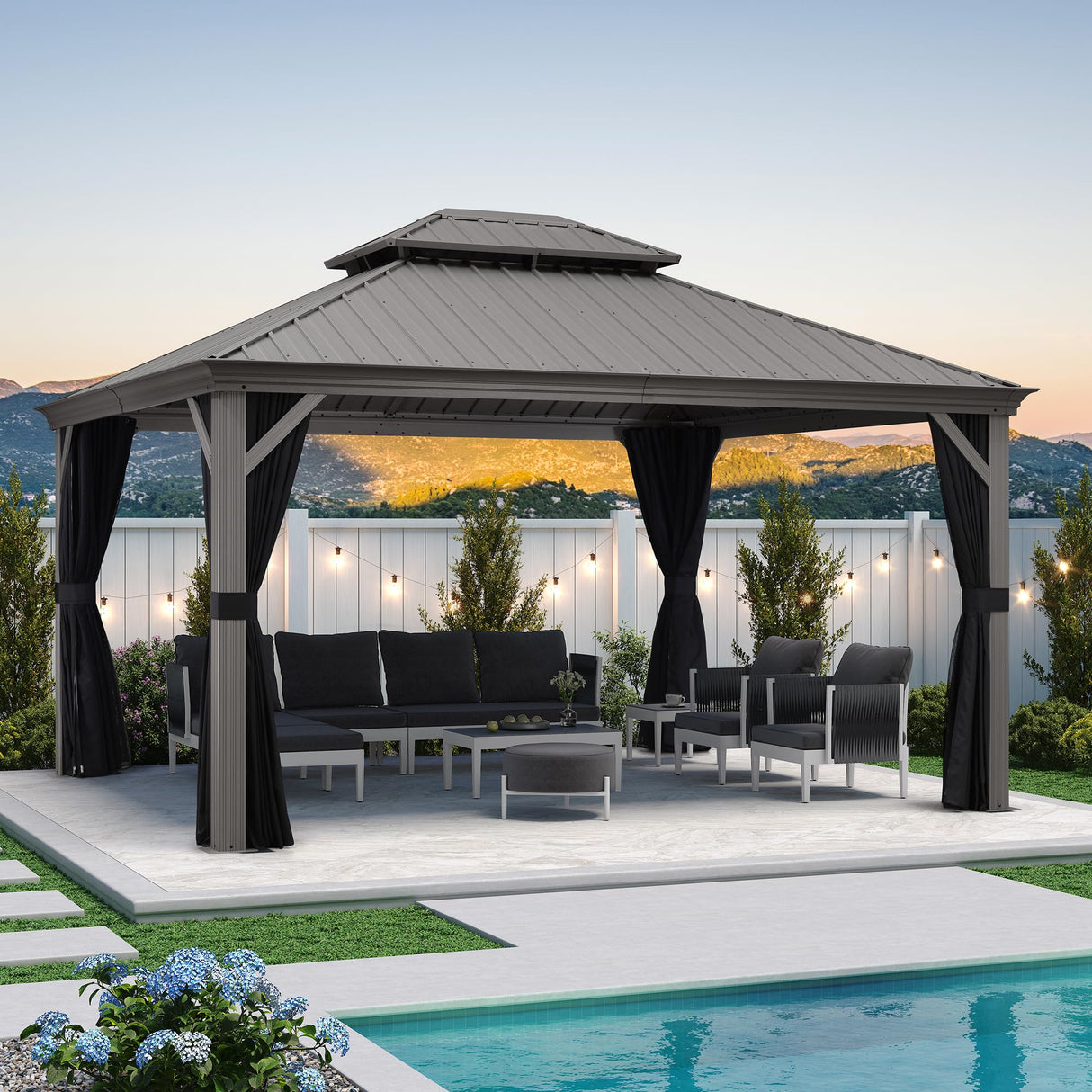 PURPLE LEAF 12' X 14' Patio Hardtop Gazebo Aluminum Outdoor Gazebo with Double Galvanized Steel Roof for Deck Backyard All Weather Outdoor Pavilion Curtain and Netting Included, Light Grey PURPLE LEAF
